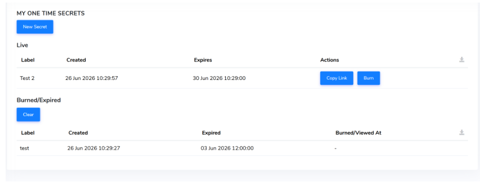 Screenshot of Threatspike One time secret interface