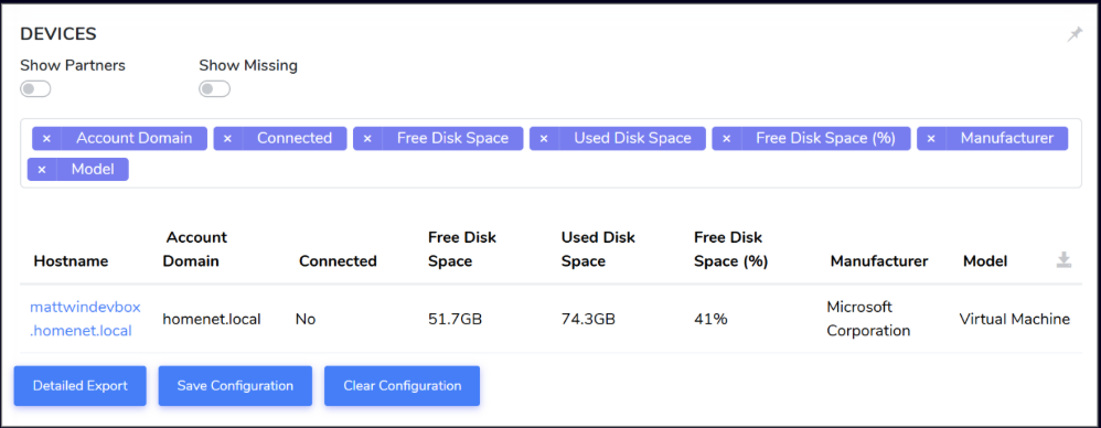 Screenshot of Disk Space Data in Threatspike