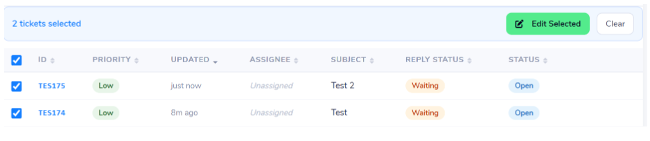 Screenshot of Mult select Ticket Bulk Options Interface