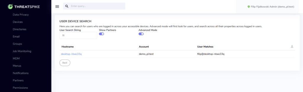 Screenshot of Threatspike Update: USer Device
